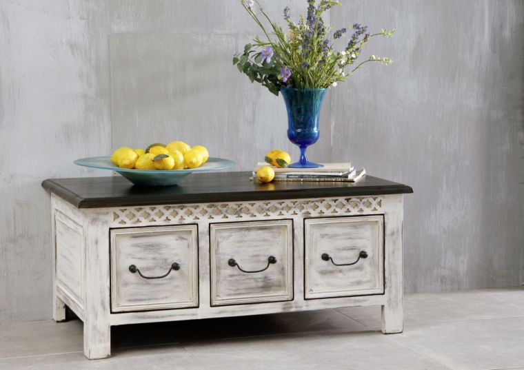 tavolino da salotto in legno di mango / acacia 100x57x45 bianco cerato CASTLE-ANTIK #231