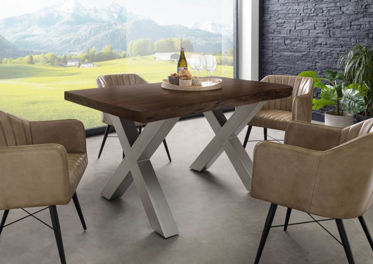 Tavolo da pranzo in legno acacia - laccato marrone / ferro X - argento mat 140x90x77 FREEFORM 5