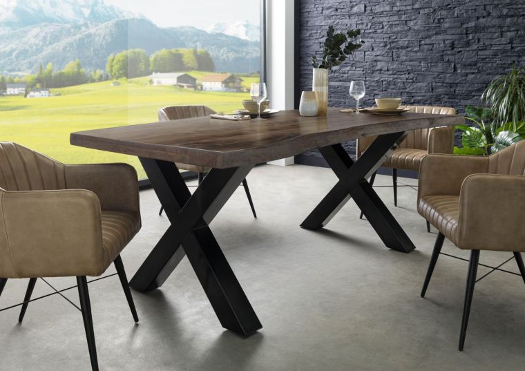 Tavolo da pranzo in legno acacia - laccato grigio / ferro X - antracite lucido 180x90x77 FREEFORM 5