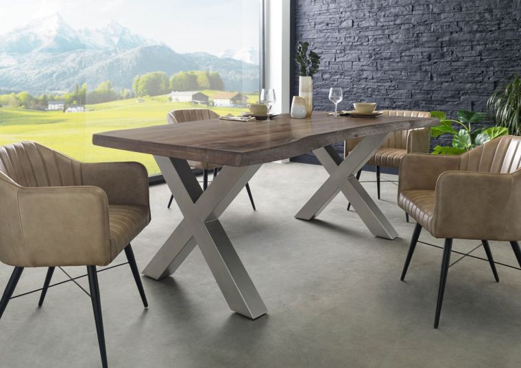 Tavolo da pranzo in legno acacia - laccato grigio/ ferro X - argento mat 180x90x77 FREEFORM 5