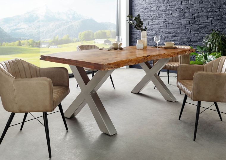 Tavolo da pranzo in legno acacia - laccato natur / ferro X - argento mat 180x90x77 FREEFORM 5
