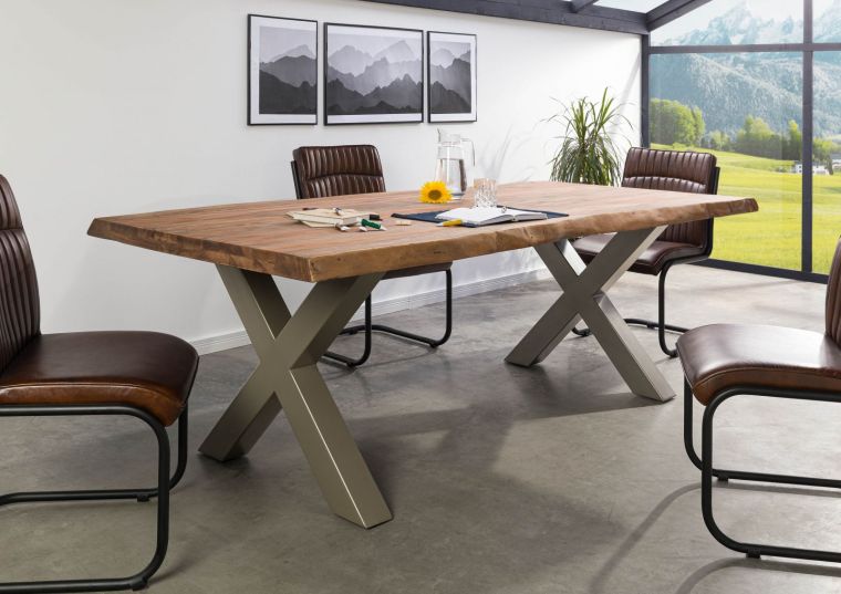 FREEFORM 5 tavolo da pranzo in legno di sheesham - verniciato grigio / gambe in ferro X argento matt 220x100