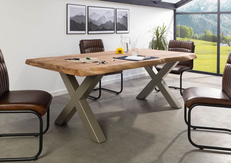 FREEFORM 5 tavolo da pranzo in legno di sheesham - verniciato natur / gambe in ferro X argento matt 180x90