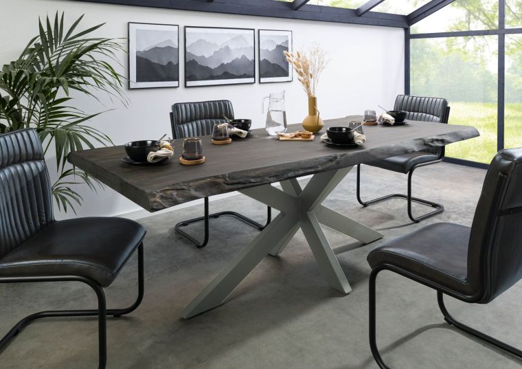 FREEFORM 5 Tavolo da pranzo in legno di mango - verniciato grigio / gambe incrociate argento 200x100