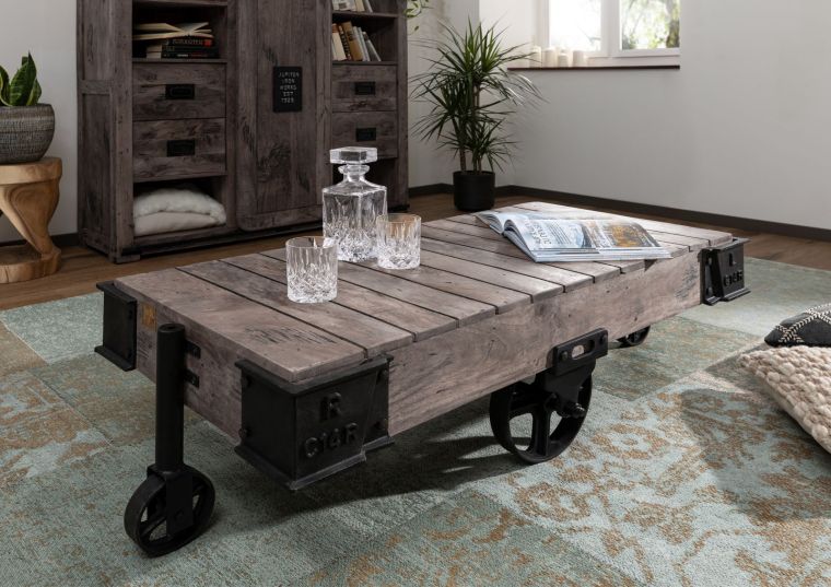 tavolino da salotto in legno di Mango 120x60x43 grigio scuro laccato RAILWAY #260