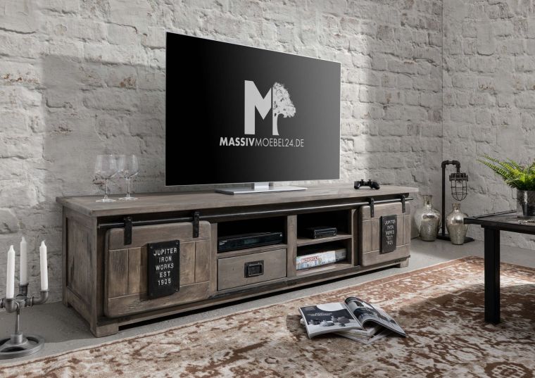 mobile TV in legno di Mango 200x55x50 grigio scuro laccato RAILWAY #251