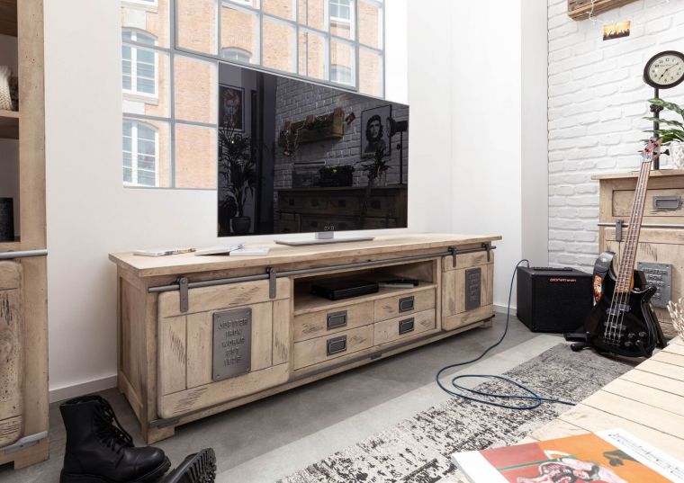 mobile TV in legno di Mango 200x55x55 sbiancato laccato RAILWAY #348
