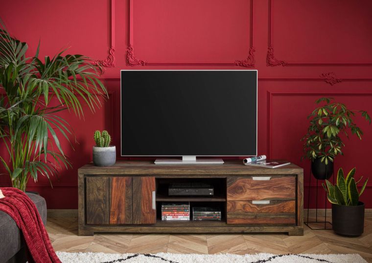 TAMBORA #870 Mobile TV in legno di sheesham - oliato / strong grey 150x50x45