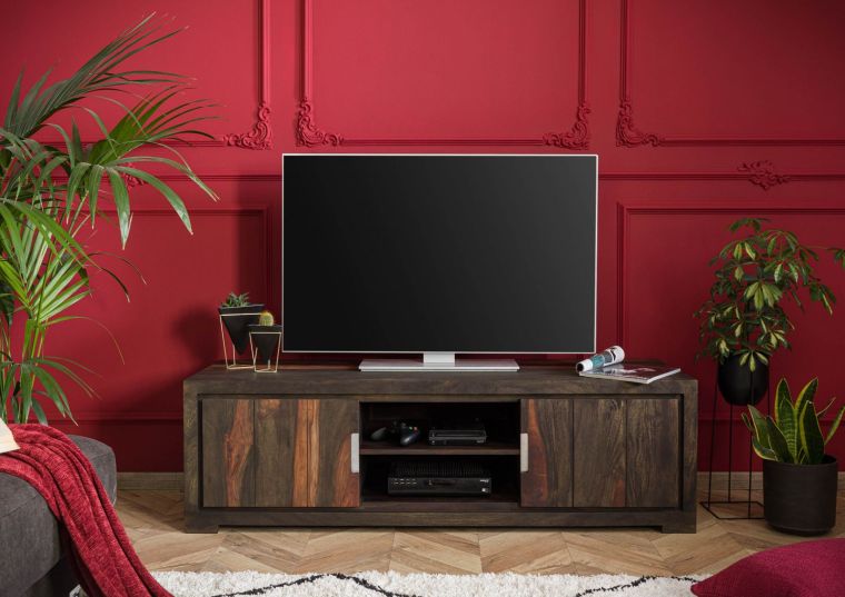 TAMBORA #871 Mobile TV in legno di sheesham - oliato / strong grey 150x50x45