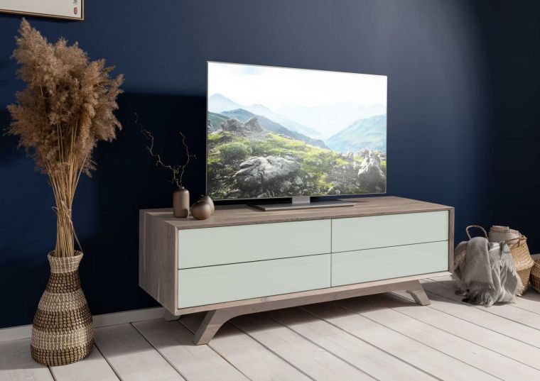 TROMSO #106 Mobile TV in legno di acacia e vetro - laccato / marrone - bianco 145x45x50