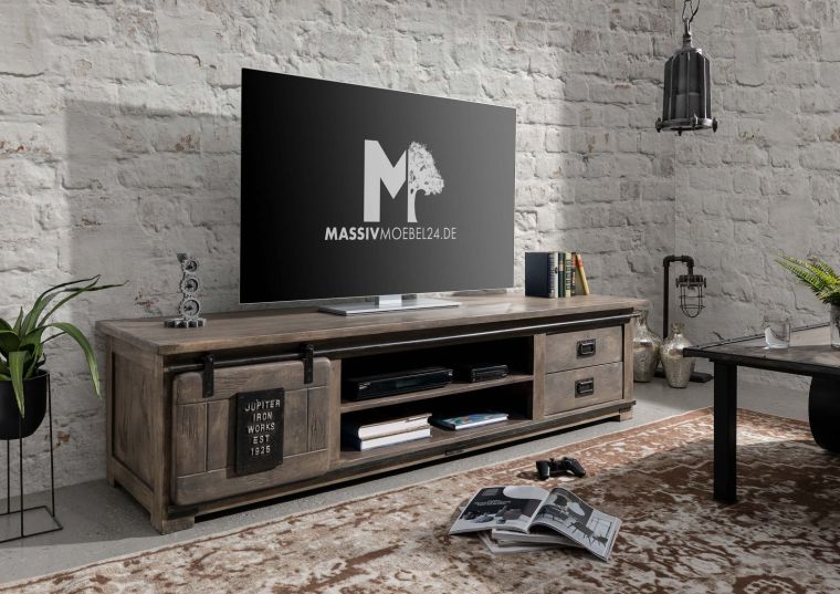 mobile TV in legno di Mango 200x55x50 grigio scuro laccato RAILWAY #236
