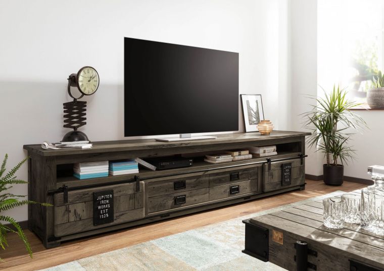 mobile TV in legno di Mango 260x50x60 grigio scuro laccato RAILWAY