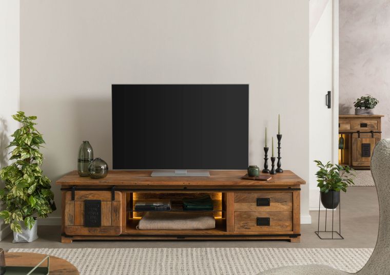 Mobile Tv in legno di Mango / Legno riciclato 200x55x50 Laccato naturale RAILWAY LUX #131