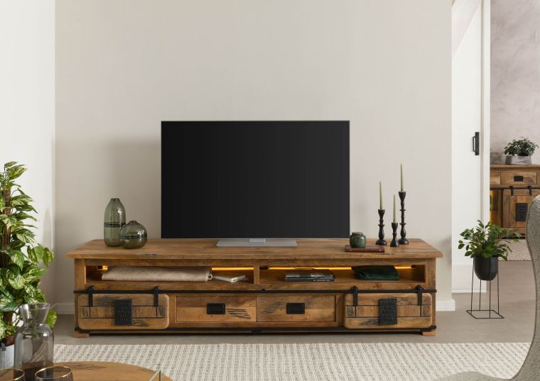 Mobile Tv in legno di Mango / Legno riciclato 220x55x50 Laccato naturale RAILWAY LUX #132