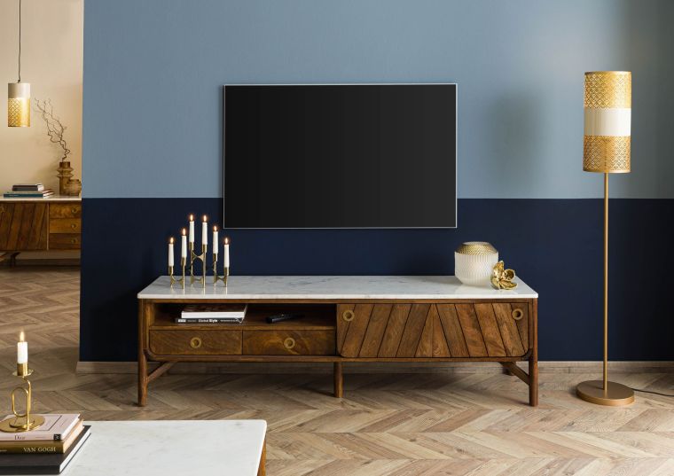 Mobile TV in legno di Mango 180x45x50 marrone oliato / vero marmo LOS ANGELES #02