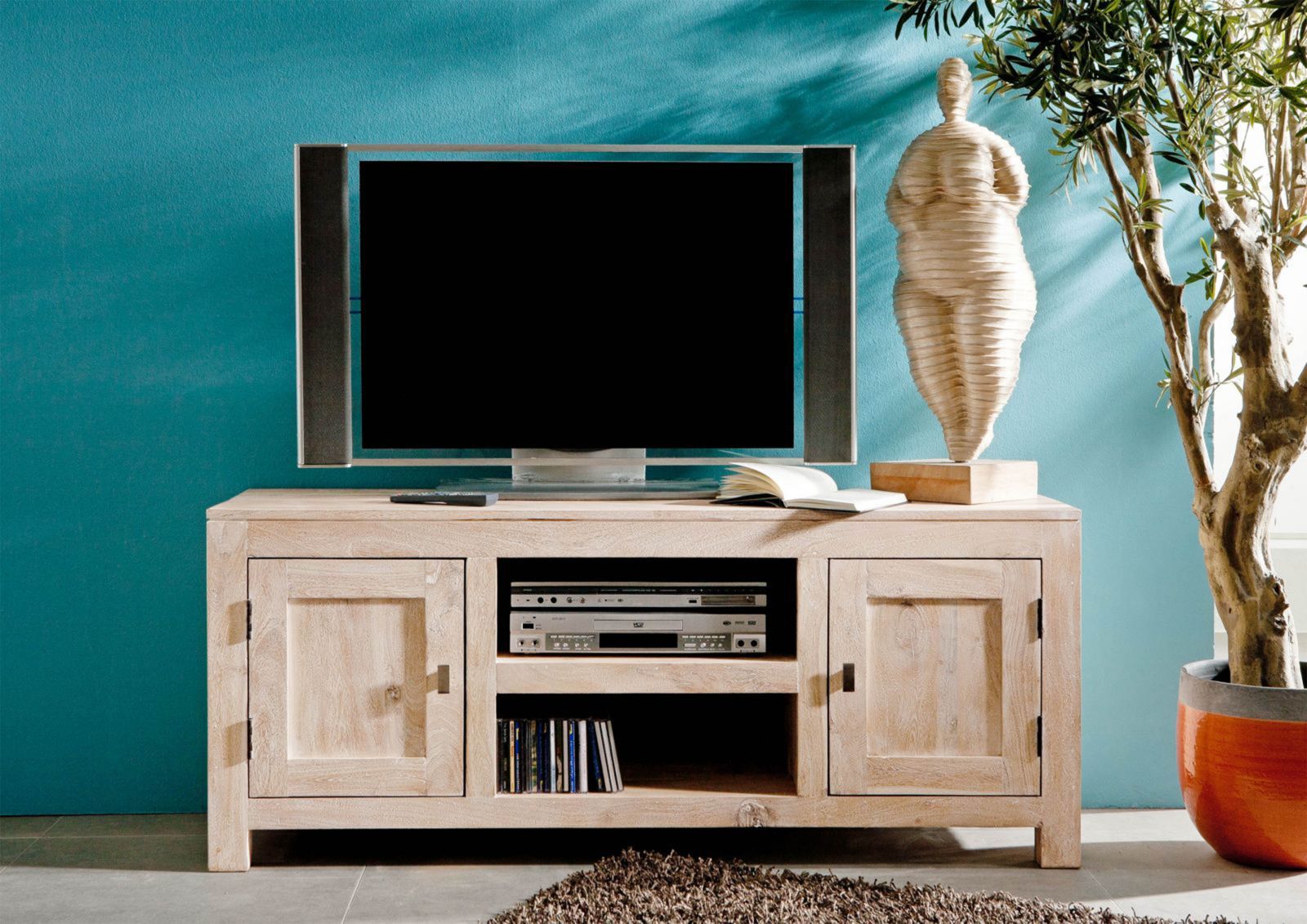 NATURE WHITE #41 Mobile TV in legno di acacia - patinato / white stone 145x45x60