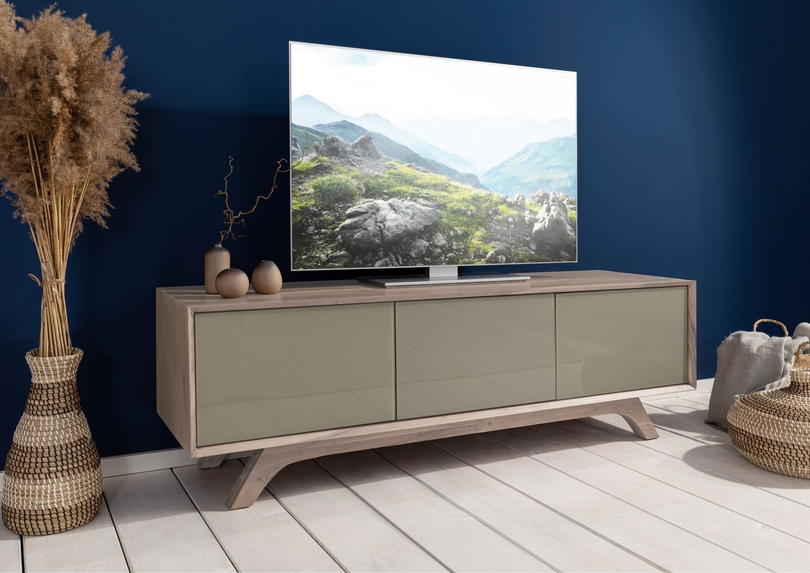 mobile TV in legno di Acacia 160x45x50 marrone crema laccato TROMSO #004