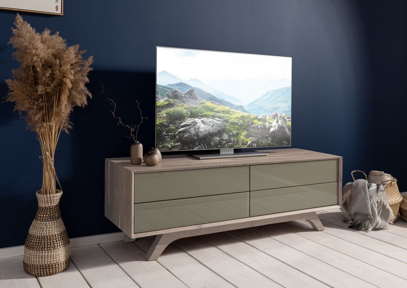 TROMSO #006 Mobile Tv in legno di acacia e vetro - laccato / crema 145x45x50